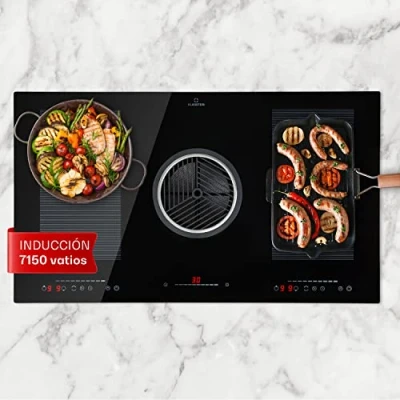 Imagen de Klarstein Placa Induccion Vitroceramica 2 en 1 con Campana Extractora para Islas de Cocina, Extractor Acero Flujo Aire 654m3/h, Encimera 4 Fuegos Control Táctil Clase Energética A