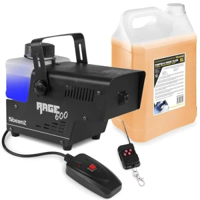 Imagen de BeamZ RAGE600 Máquina de Humo con 5 Litros Líquido Humo, 600 Watt, Fogger, Niebla, Doble Control Remoto (con y sin cable), Tanque 0.5 Litros, Disco Fiesta DJs