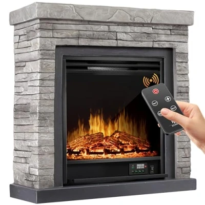 Imagen de KESSER® Chimenea eléctrica con Efecto de Llama LED 3D, función calefacción, 1800W Potencia, Temporizador semanal, Aspecto Piedra/Gris