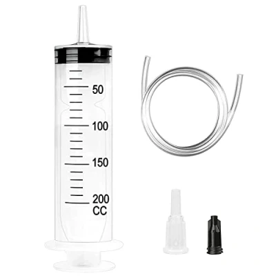 Imagen de Jeringa Grande de 200ml, Plastico Reutilizable con Manguera PVC 1m y Tapón, Embalaje Independiente para Laboratorio, Medición, Jardín Alimentación Mascotas