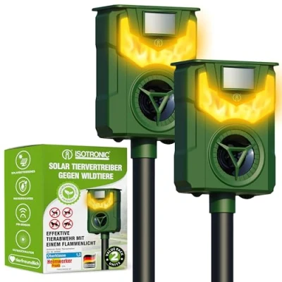 Imagen de ISOTRONIC Ahuyentador solar de animales con frecuencia + luz llama, contra salvajes como mapaches, ciervos, zorros, jabalíes
