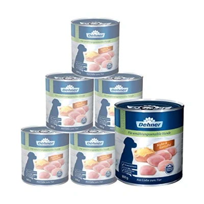 Imagen de Dehner Comida para Perros Premium Sensitive, sin azúcar/sin Cereales, Adultos sensibles a la nutrición, Pollo y Patata, 6 latas de 800 g (4,8 kg)