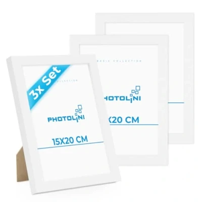 Imagen de PHOTOLINI marcos 15x20 cm blanco madera MDF, set de 3 para pósteres, cristal acrílico, colgar y poner pie, incluye accesorios fotos, láminas pósteres