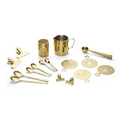 Imagen de ECHTWERK Juego de accesorios café, 23 piezas, 350 ml, 4 espresso, cappuccino, latte macchiato, pinzas moldes cucharas plateado estilo barista