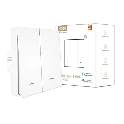 Imagen de MOES ZigBee Interruptor de luz inteligente No requiere cable neutro, necesita condensador, Control app Smart Life Tuya, Funciona Alexa Google Home, Tuya Hub, 2 Gang, Blanco