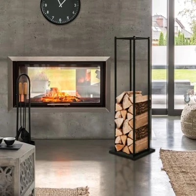 Imagen de ML Design Estanteria Metálica para Leña 33 x 115 cm Soporte Organizador de Madera Interior o Exterior, Leñero Negro Moderno Junto a Chimenea/Fogata Estructura Acero Apilar Troncos