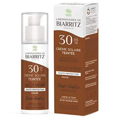 Imagen de Laboratoires de Biarritz Protector solar facial teñido ámbar SPF30 ALGA MARIS® certificado orgánico Protección UVA/UVB y luz azul 50 ml Fabricado en Francia