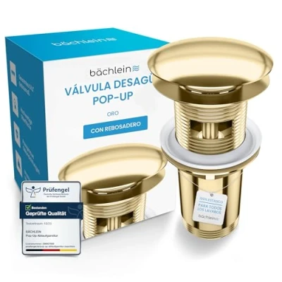 Imagen de Bächlein Desagüe Universal con Rebosadero para Lavabo &amp; Lavamanos Válvula Pop Up Automática Dorada Incl. 3 Juntas Todo Tipo de Lavabos, Instalación Instrucciones
