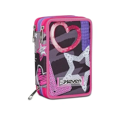 Imagen de Seven Estuche escolar con 3 cremalleras, negro, morado fucsia, Draft Heart, portalápices triple compartimento completo bolígrafos, lápices, colores, accesorios mochila, elementales, medianos,