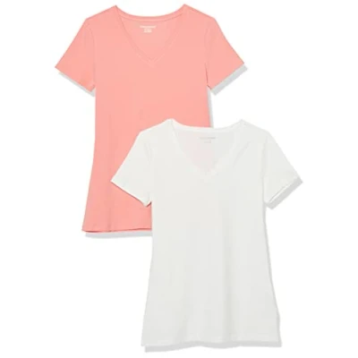 Imagen de Amazon Essentials Camiseta de Cuello en v Manga Corta y Ajuste Clásico Mujer, Pack 2, Melocotón/Blanco, S