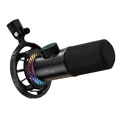 Imagen de FIFINE Gaming Microfono para PC USB, RGB Micrófono de Dinámicos per Ordenador PS4 PS5, con Botón Silencio &amp; Conector Auriculares 3,5mm, Podcasting Youtube