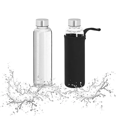 Imagen de Relaxdays Juego 500 ml 2 Botellas Agua Reutilizables 500ml, con Funda, Térmicas, Vidrio Borosilicato, 5x6,5cm, Transparente/Negro, Caucho, 23,5 x 6,5 cm