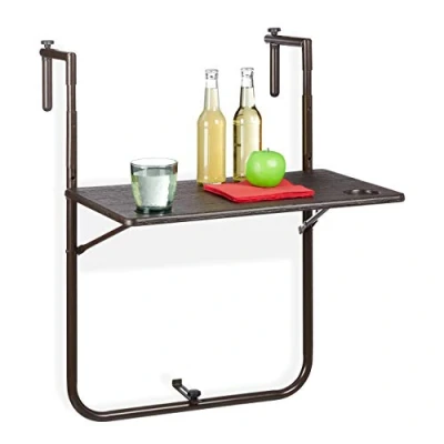 Imagen de Relaxdays Mesa Plegable Balcón, 3 Alturas, Mesita Colgante Efecto Madera 59,5x36 cm, Mueble Exterior Barandilla, Marrón, Acero