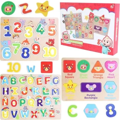 Imagen de Toyland® Cocomelon Juego de 3 Rompecabezas Madera con Panel Perforado, Aprendizaje para niños, Juguetes niños pequeños, Edad 18 m +