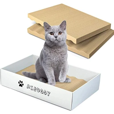 Imagen de Aibuddy Rascador de gatos, 3 almohadillas para rascar cama salón, cartón reversible con hierba gatera orgánica [diseño limpieza del hogar caja rascadora]