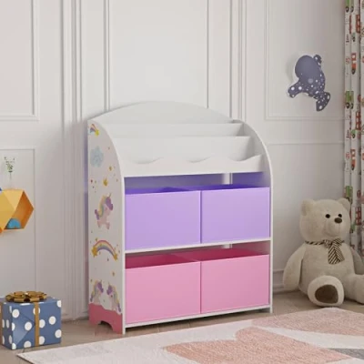 Imagen de [en.casa] Estantería Infantil de 3 Niveles y con 4 Cajas Librería Motivos Infantiles Dormitorio para Niños Habitación 98x83x30 cm Aglomerado Motivo Unicornio Rosa/Violeta