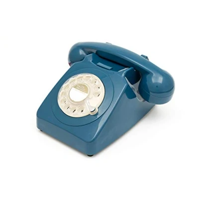 Imagen de GPO 746 Teléfono fijo de disco con estilo retro los años 70, cable en espiral y timbre auténtico Azul