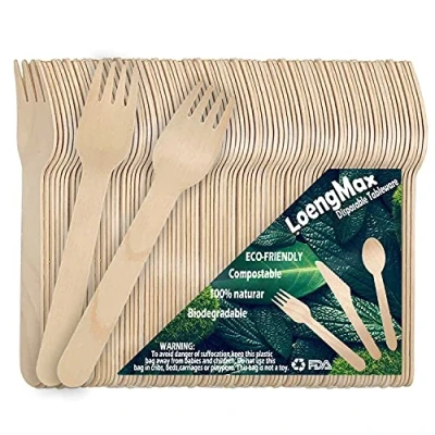 Imagen de LoengMax Tenedores de madera desechables, 100 piezas 15 cm longitud, cubiertos madera, ecológicos, 100% compostables, biodegradables, utensilios natural