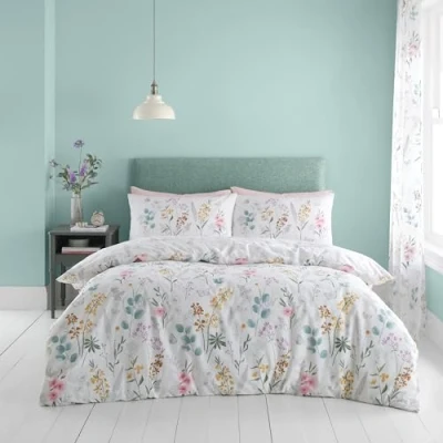 Imagen de Catherine Lansfield Emilia Juego de Funda edredón Reversible con Fundas Almohada, diseño Floral, Color Blanco y Verde