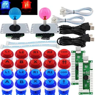Imagen de SJ@JX Arcade 2 Player Game Controller Stick DIY Kit LED Buttons with Logo MX Microswitch 8 Way Joystick USB Encoder Cable for PC MAME Raspberry Pi Red Blue