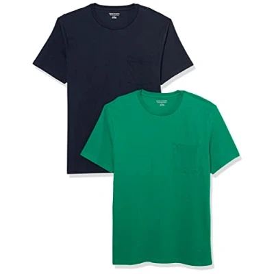 Imagen de Amazon Essentials Camiseta de manga corta con bolsillo, cuello redondo y corte ajustado Hombre, Pack 2, Azul Marino/Verde, M