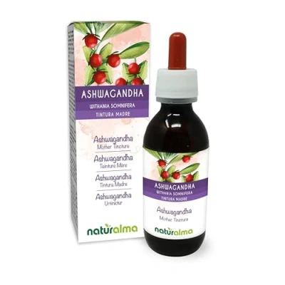 Imagen de Ashwagandha o Ginseng indio (Withania somnifera) raíces Tintura Madre sin alcohol Naturalma Extracto líquido gotas 120 ml Complemento alimenticio Vegano