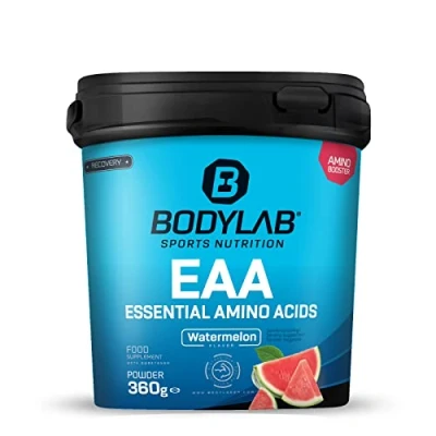 Imagen de Bodylab24 EAA Essential Amino Acids Sandía 360g, 8 aminoácidos esenciales en altas dosis, todos los BCAA y incluidos, vitamina B6, polvo, delicioso sabor afrutado