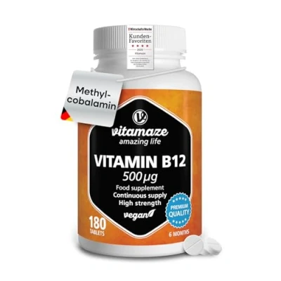 Imagen de Vitamina B12 alta dosis y vegana, metilcobalamina, 500 mcg 180 pastillas para 6 meses Complemento alimenticio natural sin aditivos