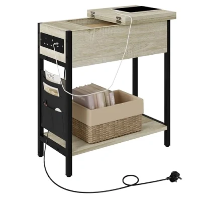 Imagen de EUGAD Mesita Estrecha con 2 Enchufe y Puertos USB, Mesa de Sofa Tablero Plegable, Bolso Espacio Almacenamiento, Auxiliar para Salón Dormitorio, Roble Claro, 0003CHJ