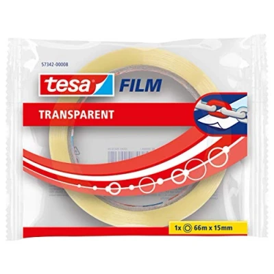 Imagen de tesa film transparente, Cinta Autoadhesiva Resistente al Paso del Tiempo y Rompimiento, de Oficina con Fuerte Adhesión, 66 m x 15 mm