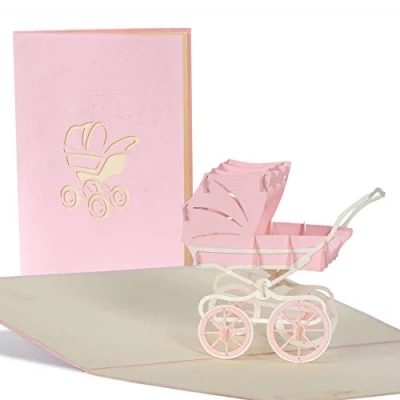 Imagen de Diese Klappkarten Tarjeta felicitacion bebe. tarjetas 3d, regalo emergentes para nacimiento bebe o cumpleaños niño. Invitaciones baby shower con carrito rosa, G13.3