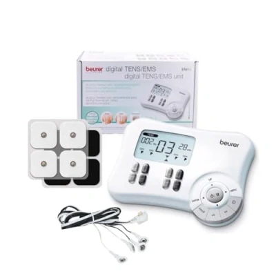 Imagen de Beurer EM80 Electroestimulador Digital, para aliviar el dolor muscular y fortalecimiento muscular, masaje EMS TENS, 4 canales, 8 electrodos autoadhesivos, 20 programas libres, color blanco