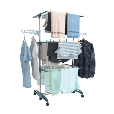 Imagen de Hyfive tendedero de ropa para interiores, caballo, 4 niveles, plegable, ahorro espacio, con zapatero, acero inoxidable, fácil almacenamiento (azul)