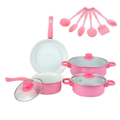 Imagen de Rosado,WXFKLDJ Juego De Baterías Cocina, Ollas Y Sartenes 13 Piezas Con Utensilios, Superficie Cocción Antiadherente Sin PFOA Resistente A Los Arañazos Compatible Todas Las Estufas