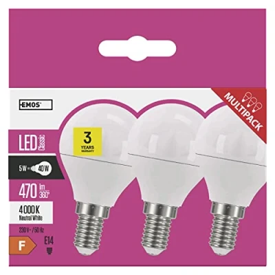 Imagen de EMOS bombillas LED de 6 W A+, equivalente a una bombilla incandescente 40 W, casquillo E14, 470 lm, luz blanca neutra, 4000 K, mini globo G45, 30.000 horas vida útil, Pack 3