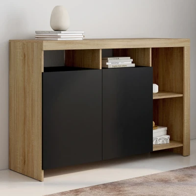 Imagen de Aparador MALO 110 cm en madera efecto haya con puertas negras IDMarket
