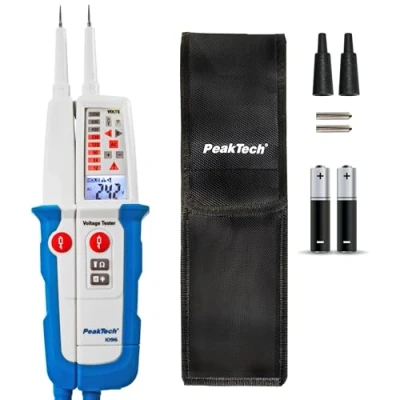 Imagen de PeakTech 1096 Detector de voltaje 2 pines AC/DC con doble pantalla y prueba FI, protección contra el polvo agua (IP64), LCD + linterna, medidor continuidad, indicador
