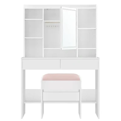 Imagen de VASAGLE Tocador con iluminación LED, Taburete de Maquillaje, Espejo, Tapizado, Estable, Moderno, Blanco, Blanco Mate y Rosa Jalea RDT723W01