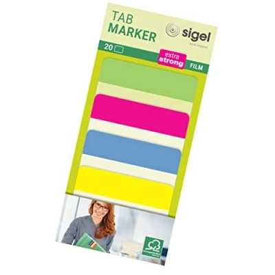 Imagen de SIGEL HN204 Marcapáginas adhesivos y rigidos, cinta de filme transparente extra fuerte, 20 tiras 50 x 38 mm, 4 colores