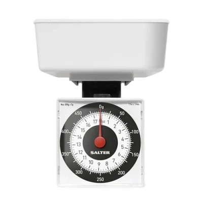 Imagen de Salter 022 WHDR Báscula mecánica con bol de cocina, máx. 500 g, mide en incrementos 5 analogica, portatil, pesar y preparar alimentos facilidad, recipiente apto para lavavajillas, blanco