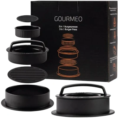 Imagen de GOURMEO 3 en1 Prensa para Hamburguesas, Hamburguesas Grandes, pequeñas o rellenas + 50 Hojas de Papel antiadhesivo