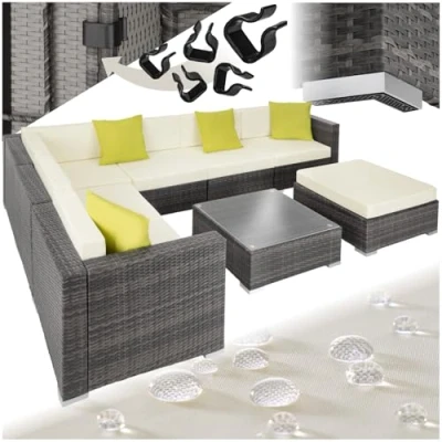 Imagen de TecTake® Conjunto Jardín de Ratán y Aluminio con Cojines (+4 Adicionales), Terraza Resistente a la Intemperie Combinable, Muebles Exterior 6 Sillones, 1 Puf, Mesa Cristal Gris