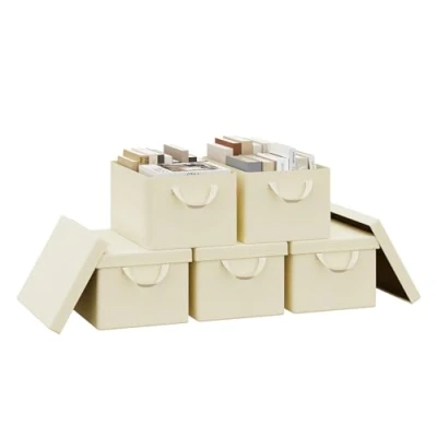 Imagen de WOLTU Cajas de Almacenaje con Tapa, Juego 5 Plegables, Organizadoras Asas, Tela, Cestas Resistentes para Ropa y Juguetes, Crema, 38x20x27 cm, ABB01cm