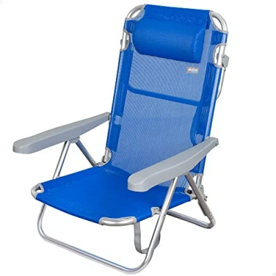 Imagen de Aktive 62608 Silla de playa plegable con cojín, color azul, 48x45,5x84 cm, reclinable, 5 posiciones, asa transporte, peso máx 100 kg, resistente
