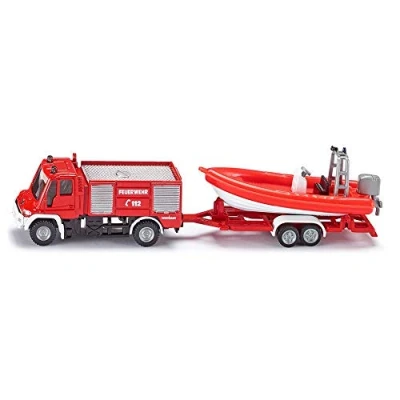 Imagen de siku 1636, Camión de bomberos Unimog con lancha, Metal/Plástico, Rojo, Lancha flotante