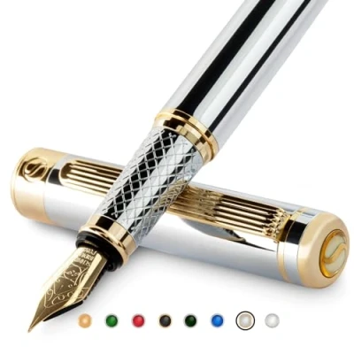 Imagen de Scriveiner Pluma Estilográfica Plateada con Detalles de Oro 24k y 18K para una Caligrafía Suave Elegante, Plumilla (EF) Convertidor Instalado Schmidt, Dos Cartuchos Tinta, Azul Negro