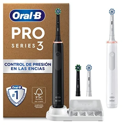 Imagen de Oral B Pro 3 3900N Cepillos de Dientes Eléctricos (Pack 2) con Mango Recargable y 2 Cabezales Recambio, Diseñado por Braun, Regalos Orginales Negro Blanco
