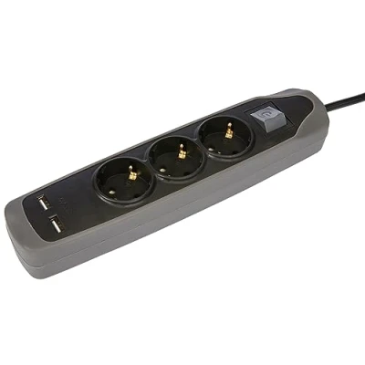 Imagen de Regleta Electraline 62150, 3 Tomas, 2 Puertos USB, Cable m, Base de silicona, Negro