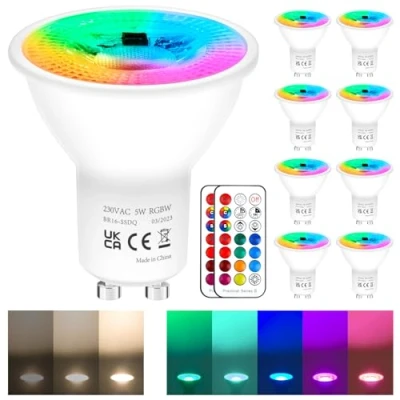 Imagen de REYLAX Bombillas LED Colores GU10 de 5W, RGB Blanco Cálido Regulable Bombilla con Mando a Distancia, Focos RGBW 12 Colore, AC 85 265V, Función Memoria y Sincronización (paquete 8)
