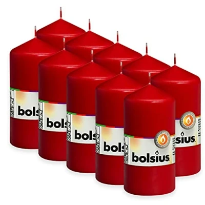 Imagen de Bolsius velas lisas, color rojo, juego de 10 unidades, decorativas para el hogar, longitud combustión 33 horas, sin perfumar, 12 x 6 cm